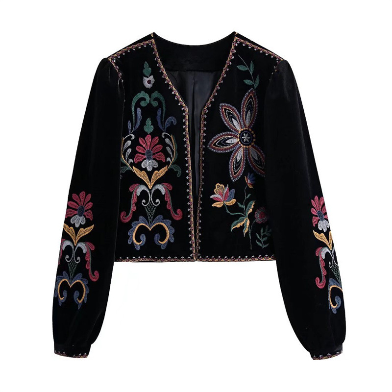 Embroidery Cardigan - Женская винтажная укороченная куртка из бархата
