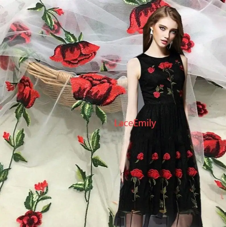 Embroidery Roses - Красная роза Кружевная ткань с цветочной