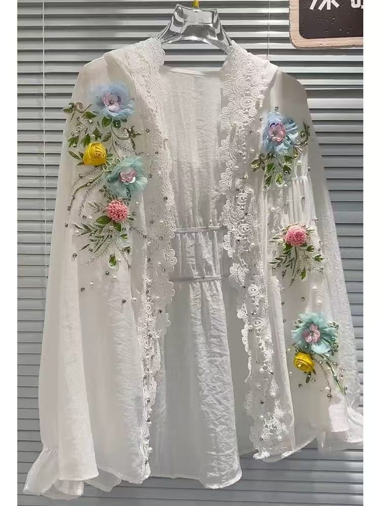 Embroidery Cardigan - Дышащие хлопковые белые солнцезащитные рубашки с